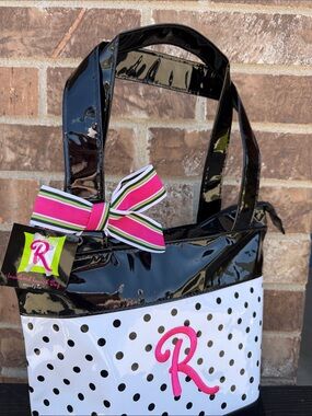 Mud Pie Insulated Lunch Tote - Black Polka Dot Tote w/ Bow embroidered initial R